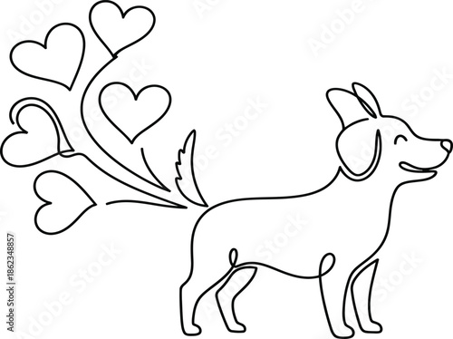 One line drawing of cute dog with heart farts blowing from tail