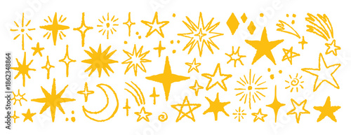 Hand drawn stars with rough ink edges and sketchy texture. Hand drawn.