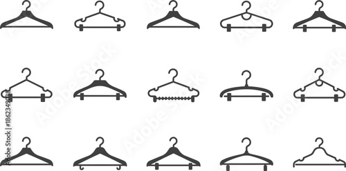 A collection of various hanger icons with different designs, including standard, padded, and adjustable hangers, isolated on a white background for fashion and retail use.
