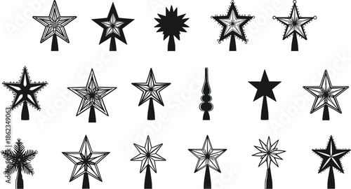 A diverse collection of Christmas tree toppers with star designs in various intricate styles, perfect for holiday decor, showcasing unique patterns and festive elements for seasonal celebrations.