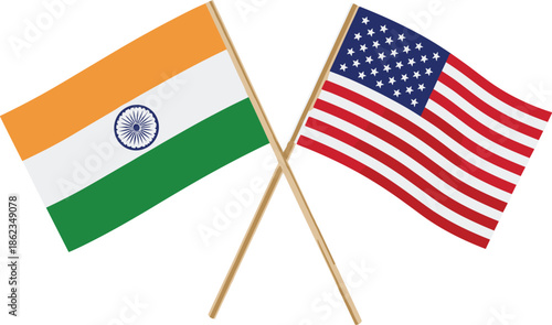 A pair of crossed flags of India and the United States, symbolizing international unity and diplomatic relations, perfect for cultural, patriotic, and international projects or celebrations.