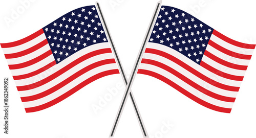 A pair of crossed American flags on silver poles, symbolizing patriotism and national pride, isolated on a white background for use in celebration and independence-themed designs.
