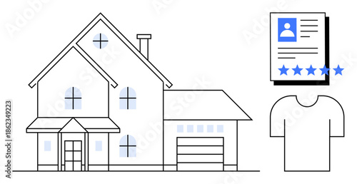 Modern line art of a residential home with garage, user profile rating form, and t-shirt. Ideal for real estate, online reviews, e-commerce, clothing, home design, digital identity feedback systems