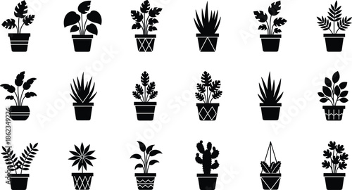 A variety of indoor plant silhouettes in decorative pots, featuring succulents, cacti, and leafy plants, perfect for home decor, gardening, and botanical-themed illustrations and designs.