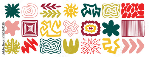 A set of doodle organic elements, leaves, hand drawn smooth lines, flowers, abstract shapes natural motifs, the sun, stones collection