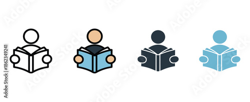 People reading book vector icon collection on white background, representing education, learning, literacy, study habits, academic knowledge, school and library concepts, and professional vector