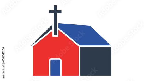 Stylized Church Building with Cross Red and Blue Color Scheme.