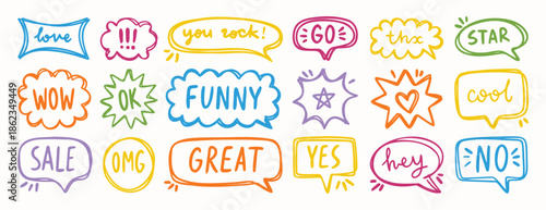 Bright hand drawn speech bubbles with short fun messages, decorative elements for design