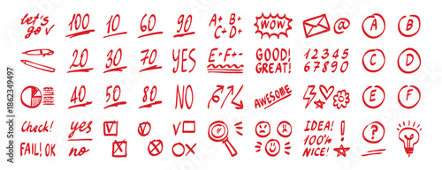 Exam marks checks arrows circles set collection doodle hand drawn icon. Outline drawing highlight line clipart symbol.