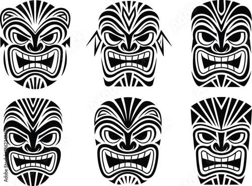 Set of Geometric Tribal Tiki Mask Vector Illustration
