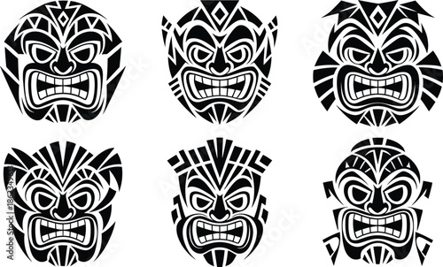 Set of Geometric Tribal Tiki Mask Vector Illustration