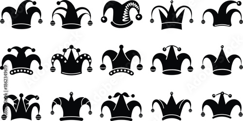Jester hat silhouette icon set. Black joker cap vector collection. Funny fool crown symbol group for carnival, circus, and holiday design