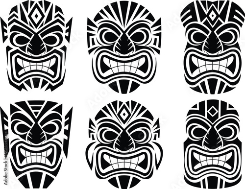 Set of Geometric Tribal Tiki Mask Vector Illustration