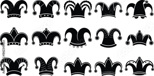 Jester hat silhouette icon set. Black joker cap vector collection. Funny fool crown symbol group for carnival, circus, and holiday design