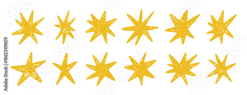 Hand drawn textured yellow stars set grunge line art design