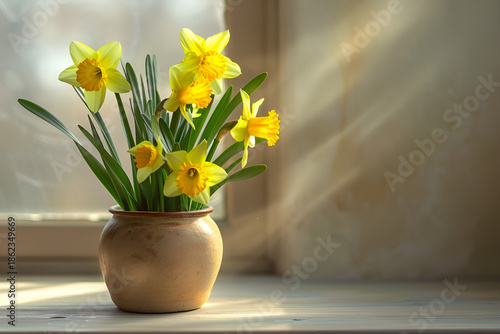 Wallpaper Mural Żonkile w doniczce na parapecie w promieniach słońca – wiosenne kwiaty, domowa dekoracja i ciepłe światło. Torontodigital.ca