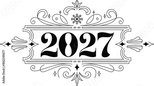 2027 New Year vintage lettering with snowflake and ornamental frame vector illustration