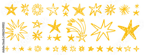 Set doodle yellow colorful stars and meteorite doodle style drawn by hand. Grunge scrawls, charcoal scribbles, rough brush strokes, underline. Bold charcoal freehand stars. Crayon or marker.
