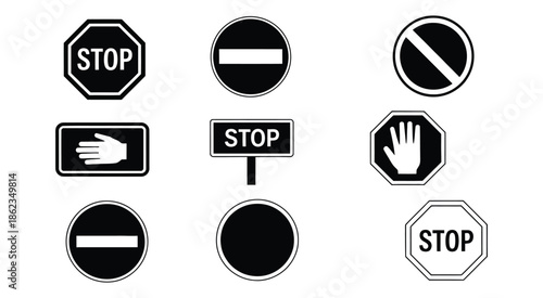Set of black and white traffic prohibition and stop signs, vector icons representing warnings, restrictions, do not enter symbols, road safety guidelines, and professional illustration collection.