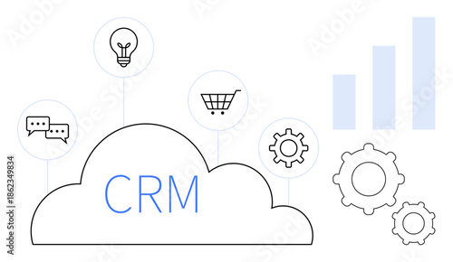 CRM concept. CRM systems with cloud computing support customer management using analytics and tools. CRM streamlining business processes and improving customer experiences. Concepts business, data