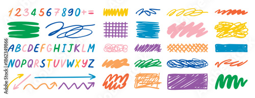 Abstract doodles with lines arrows numbers and alphabet, hand drawn