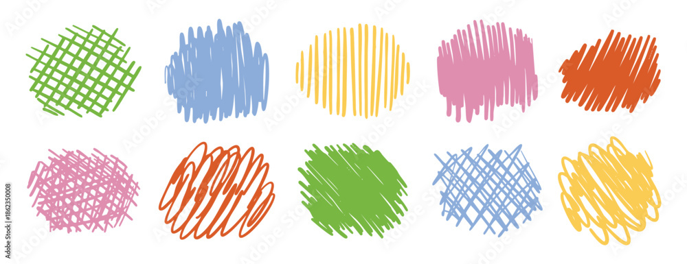 Naklejka premium Colorful scribble backgrounds set. Hand drawn marker strokes. Abstract doodle textures for creative design
