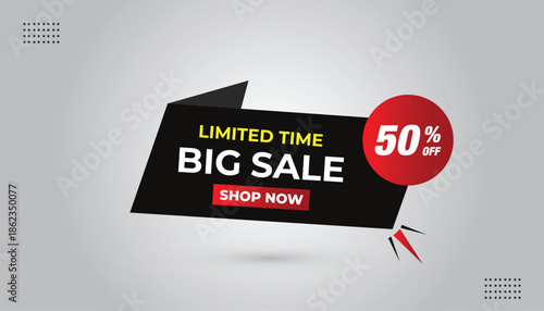 Big sale limited time 50% off shop now vector illustration sticker label editable template design with black and red shapes with white background for your business