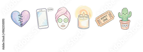 Set of hand-drawn self-care icons showing a stitched heart, phone, face mask, candle, solo ticket, and cactus for mental wellness and healing after a breakup