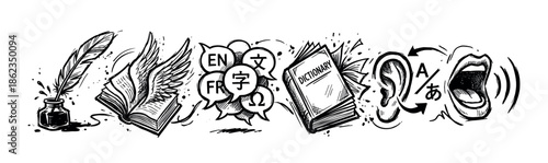 Hand-drawn ink illustration depicting the process of language learning and translation with icons like a dictionary, winged book, speech bubbles, quill, ear, and a speaking mouth