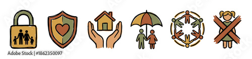 Set of hand-drawn family protection icons showing a padlock, shield, home, umbrella, community, and rejection symbol in a sketchy doodle style for insurance and social concepts