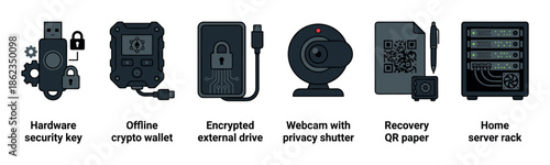 Cybersecurity and data protection icon set featuring a hardware key, crypto wallet, encrypted drive, privacy webcam, recovery code, and home server in a flat illustration style