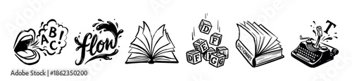 Set of six hand-drawn icons for writing and language, featuring a vintage typewriter, books, alphabet blocks, and expressive calligraphy in a graphic, monochrome sketch style