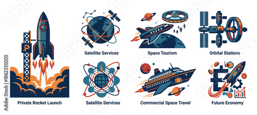 Set of space economy vector icons showing private rocket launch, satellite services, tourism, orbital stations, commercial travel, and future economy concepts in a flat graphic style