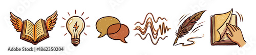 Set of hand-drawn storytelling icons including a winged book, lightbulb, speech bubbles, soundwave, quill, and hand turning a page in a warm, earthy color palette