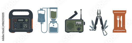 Set of survival and emergency preparedness equipment including a portable power station, water filter, radio, multi-tool, and food ration in a flat vector icon style