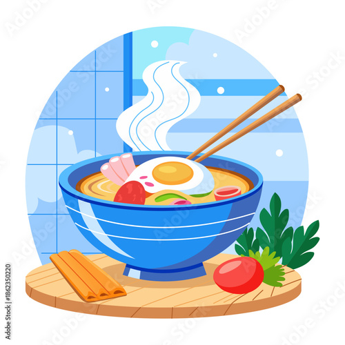 Flat style illustration representing a ramen bowl