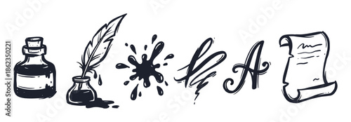 Hand-drawn black ink writing tools illustration set with a quill pen, inkwell, bottle, ink blot, calligraphy letter, and parchment scroll in a vintage doodle style
