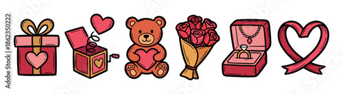 Set of romantic Valentine's Day illustrations featuring a gift box, teddy bear, rose bouquet, and diamond ring in a charming hand-drawn doodle style for holiday celebrations