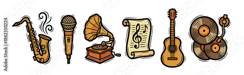 Set of hand-drawn musical instrument illustrations including a saxophone, microphone, gramophone, guitar, and vinyl records in a vintage, retro cartoon doodle style