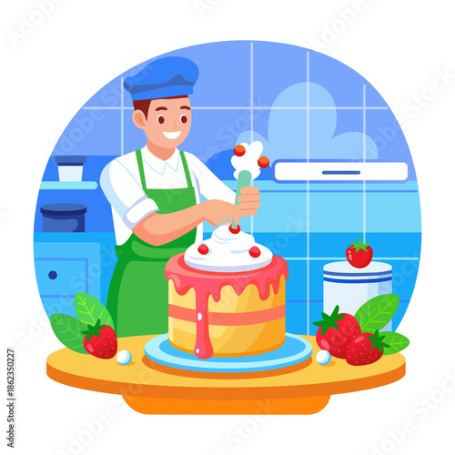 A flat style illustration showing a chef doing cake decor