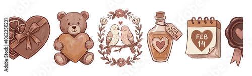 Set of hand-drawn Valentine's Day illustrations with a teddy bear, lovebirds, chocolate, love potion, calendar, and wax seal in a cute, romantic, vintage sketch style