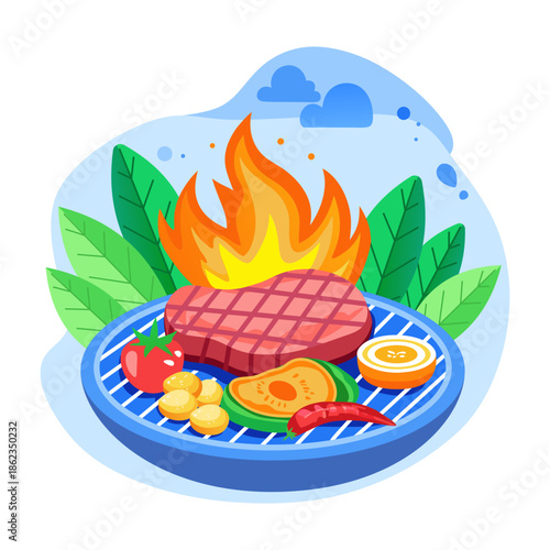 Flat style illustration representing steak cooking 