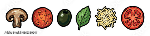 Set of hand-drawn pizza topping ingredients featuring a mushroom, pepperoni, olive, basil, shredded cheese, and a tomato slice in a colorful cartoon illustration style