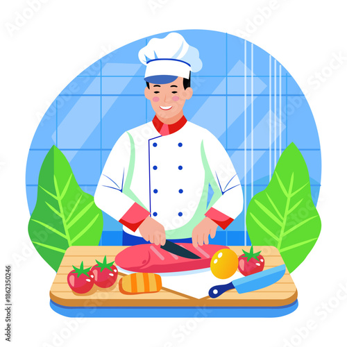 A flat style illustration showing a chef slicing meat 