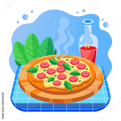 Flat style illustration representing a pizza
