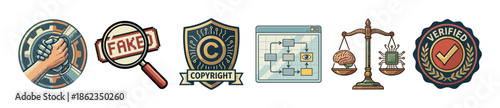 Set of artificial intelligence concept icons depicting human-robot collaboration, fake detection, digital copyright, algorithms, AI ethics, and content verification