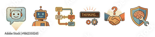 Set of six retro-style icons representing artificial intelligence concepts like chatbots, robots, workflow, thinking processes, problem-solving, and intellectual protection