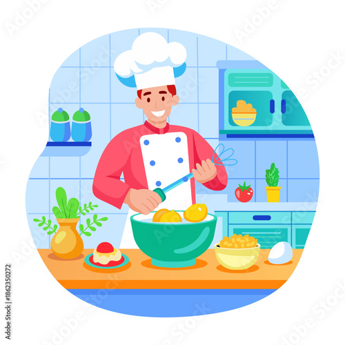 A flat style illustration showing a chef doing baking
