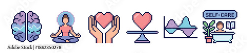Pixel art mental health icon collection featuring a brain, meditation pose, heart in hands, mood graph, and self-care bathtub scene in a cute, retro 8-bit video game style