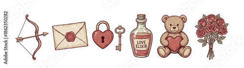 Vintage set of hand-drawn Valentine's Day symbols including a bow and arrow, sealed letter, heart lock and key, love elixir, teddy bear holding a heart, and a romantic rose bouquet